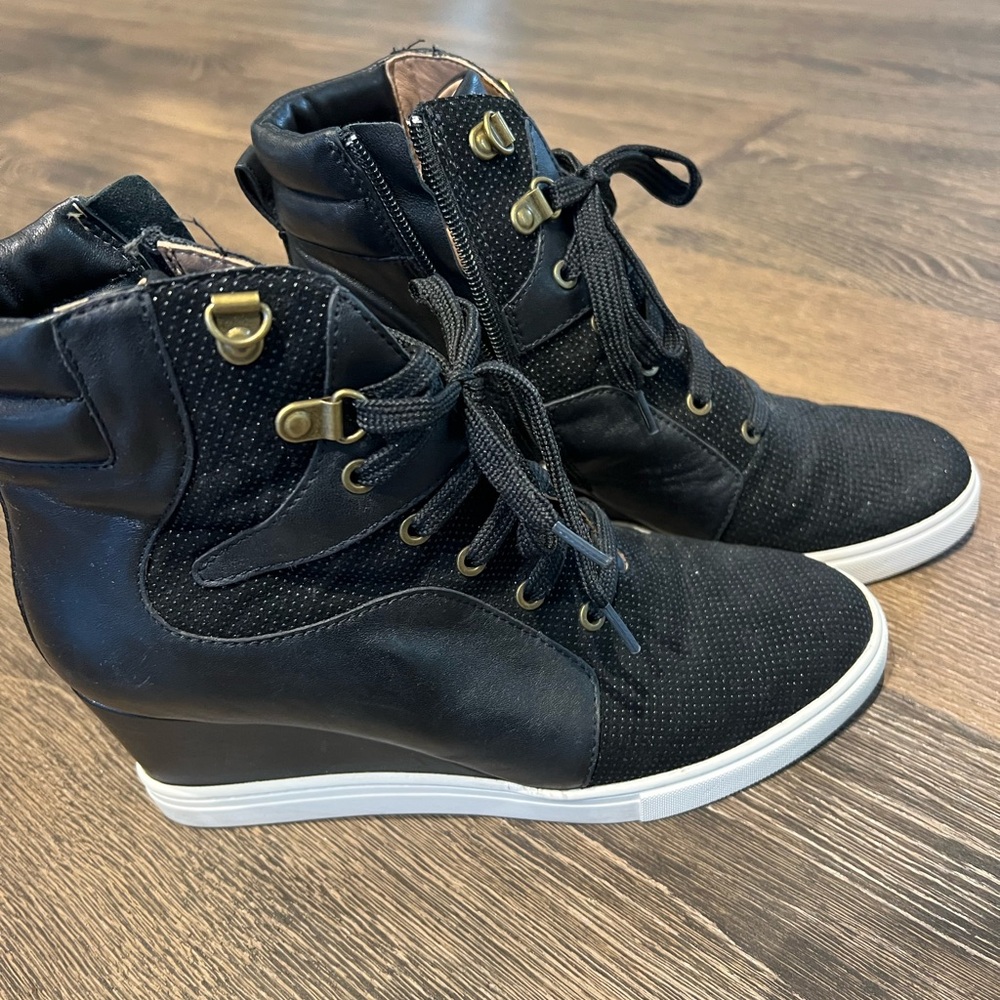 Black Wedge Leather Sneakers